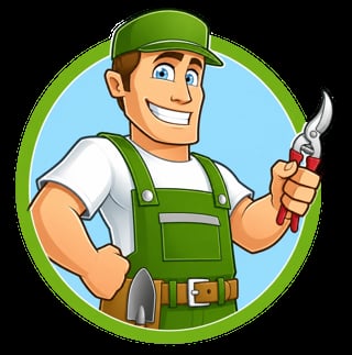 Cartoon handyman in green overalls holding a wrench, wearing a cap with a cheerful smile